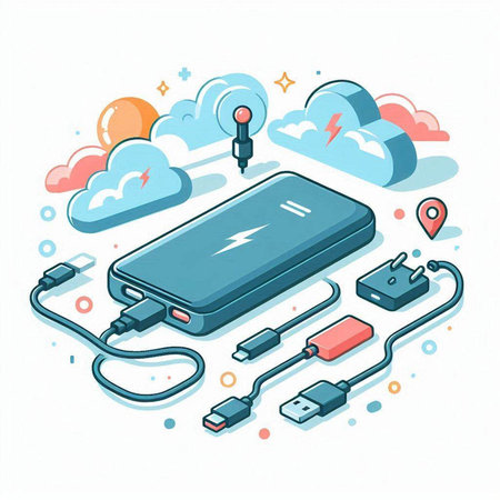 Power bank with cable connected to the cloud. 3d vector illustration.のイラスト素材
