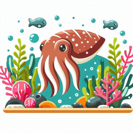 Octopus on the background of the coral reef. Vector illustration.のイラスト素材