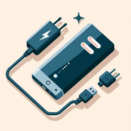Smartphone charging with power bank. Vector illustration in flat style.のイラスト素材