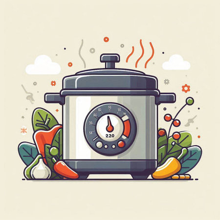 Vector illustration of a modern electric multi cooker with vegetables and herbs.のイラスト素材
