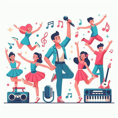 Happy young people dancing and singing. Vector illustration in flat style.のイラスト素材