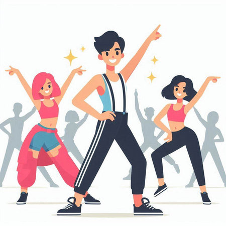 Group of young people dancing hip-hop. Vector illustration in flat styleのイラスト素材