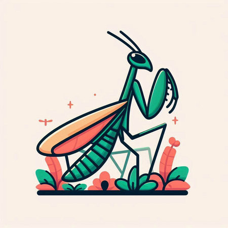 Praying mantis. Vector illustration in flat linear style.のイラスト素材