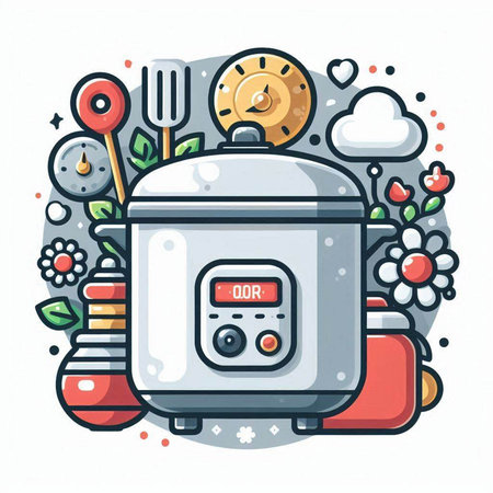 Vector illustration of modern electric multi cooker on white background. Line art design for web, site, advertising, banner, poster, board and print.のイラスト素材