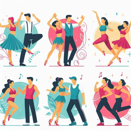 Set of dancing couples, flat vector illustration isolated on white background.のイラスト素材
