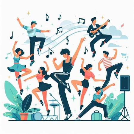 Vector illustration of a group of young people dancing and singing. Flat style.のイラスト素材