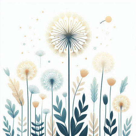 Floral background with dandelions and leaves. Vector illustration.のイラスト素材