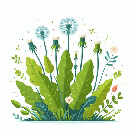 Flower background with dandelions and leaves. Vector illustration.のイラスト素材