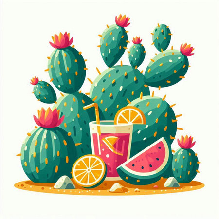 Cactuses, watermelon, lemon and orange. Vector illustrationのイラスト素材