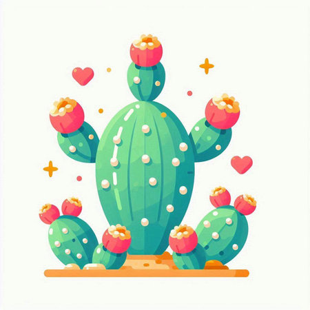 Cactus with flowers and hearts. Vector illustration in cartoon style.のイラスト素材