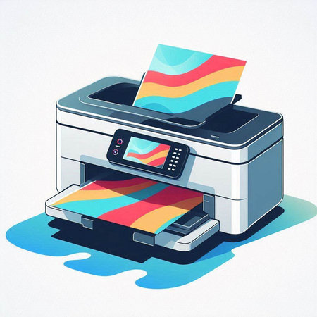 Printer with colorful print on a white background. Digital illustration.のイラスト素材