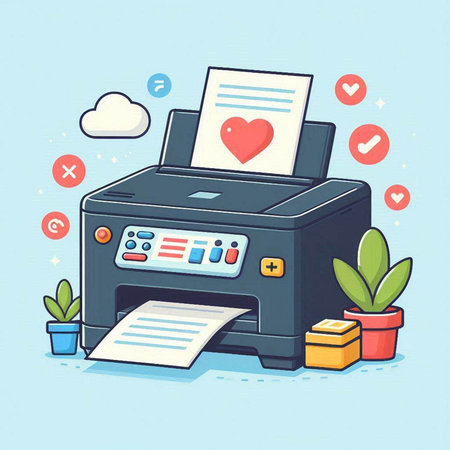 Vector illustration of printer with paper sheet and heart icon on blue backgroundのイラスト素材
