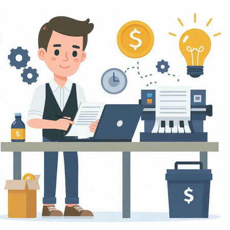 Businessman working at office desk. Vector illustration in cartoon style.のイラスト素材