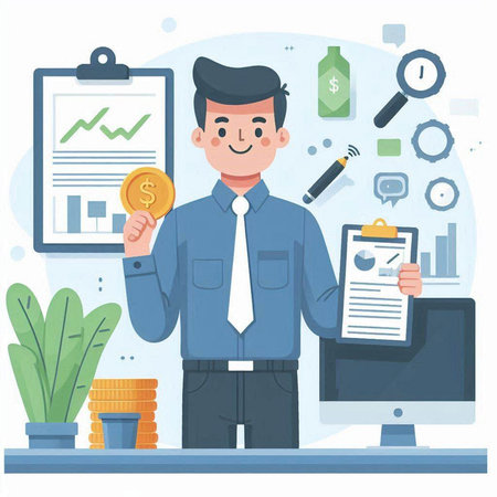 Businessman working in office. Vector illustration in a flat style.のイラスト素材