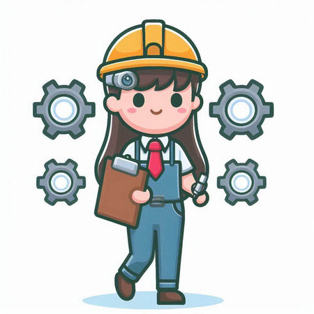 Female engineer wearing hardhat and holding clipboard and gears. Vector illustration.のイラスト素材