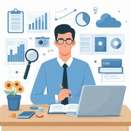 Businessman working at office. Vector illustration in flat cartoon style.のイラスト素材