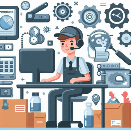 Repairman in uniform and headset working at the computer. Flat vector illustration.のイラスト素材