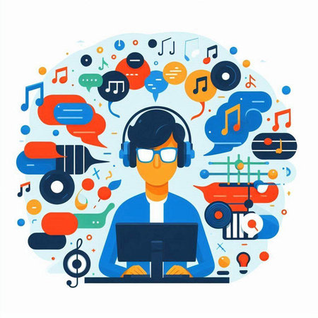 Young man with headphones and laptop. Vector illustration in flat style.のイラスト素材