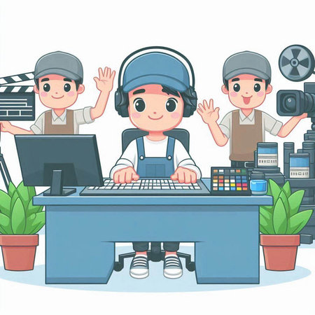 Photographer and cameraman working with computer. Vector cartoon illustration.のイラスト素材