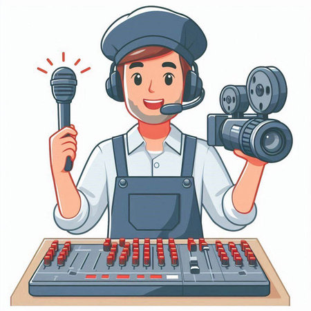 Cartoon radio host in headphones with microphone and mixer. Vector illustration.のイラスト素材