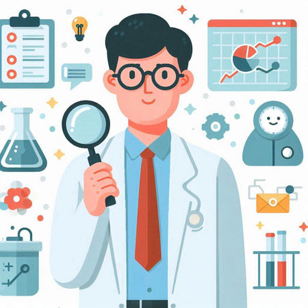 Scientist with a magnifying glass in his hand. Vector illustration.のイラスト素材