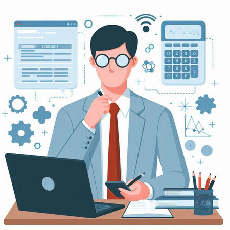 Businessman working with laptop in office. Vector illustration in flat styleのイラスト素材