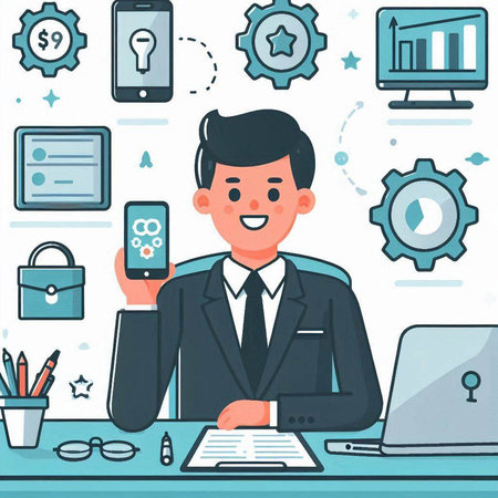 Businessman working at office. Vector illustration in flat cartoon style.のイラスト素材