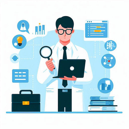 Scientist with laptop and magnifying glass. Vector illustration in flat styleのイラスト素材