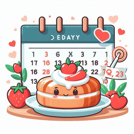 Cute vector illustration of a calendar with a cute cartoon cake and strawberries.のイラスト素材