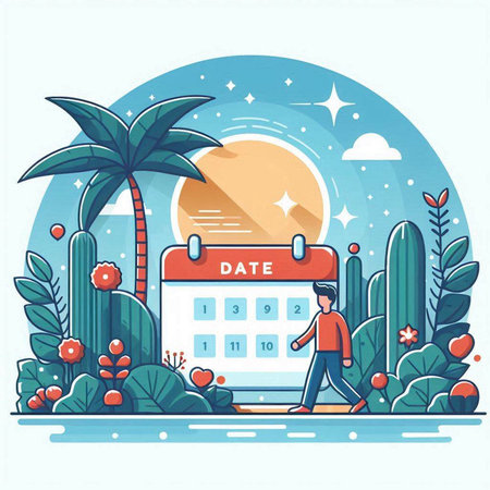 Vector illustration with a man and calendar on the background of palm trees.のイラスト素材