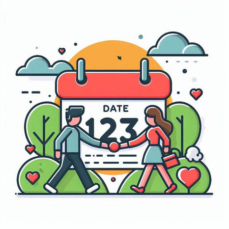 Valentine's day flat line vector concept illustration. Man and woman walking with date on calendar. Date and date concept illustration.のイラスト素材