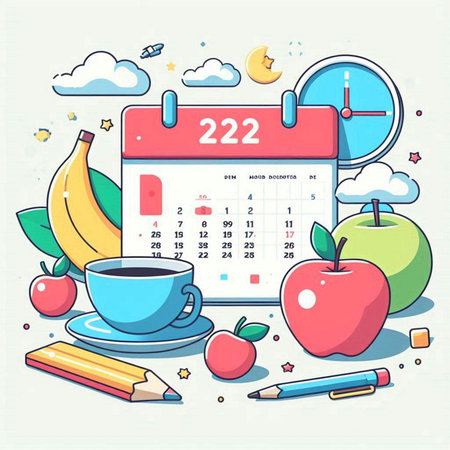 Vector illustration of a calendar for 2022 with a cup of coffee, apple, banana, clock and pencilsのイラスト素材
