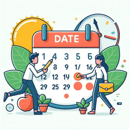 Vector illustration of a woman and man planning a date on the calendar.のイラスト素材