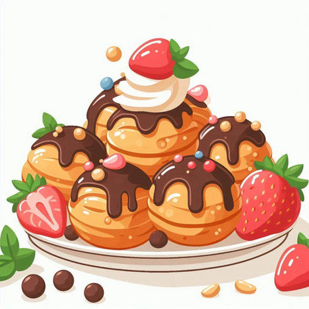 Illustration of a group of pancakes with chocolate and strawberries on a white backgroundのイラスト素材