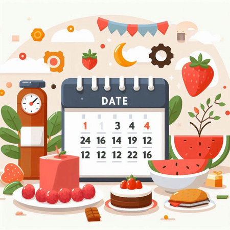 Day of the week calendar with food and drinks. Vector illustration.のイラスト素材