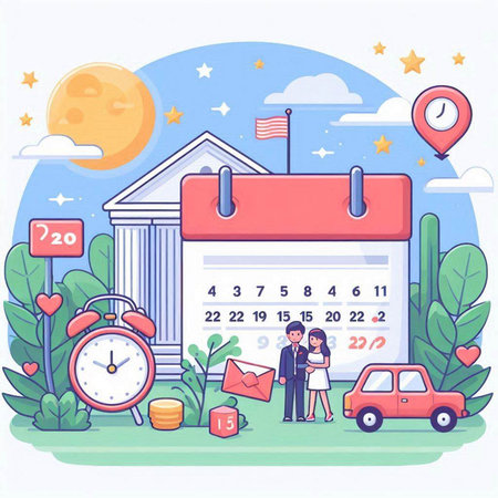 Time management concept vector illustration. Cartoon flat people characters with calendar, clock, car, envelope, car, traffic signs and cityscape on background.のイラスト素材
