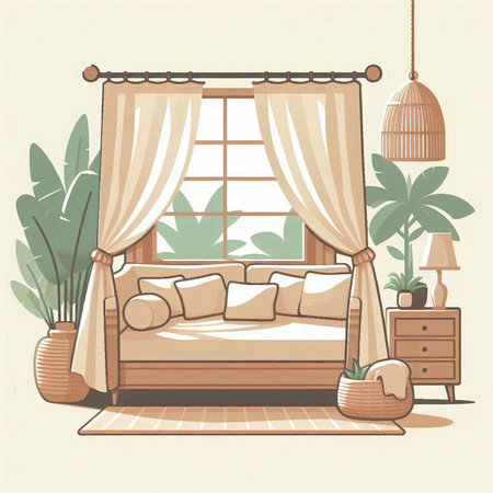 Bedroom interior with curtains, furniture and plants. Vector illustration.のイラスト素材