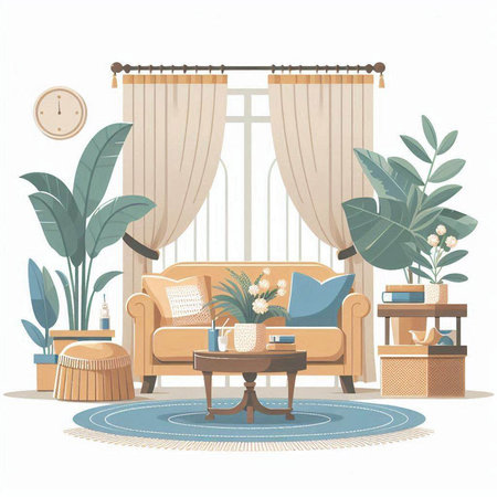 Living room interior with sofa, coffee table, bookshelf, plant and curtains. Vector illustration.のイラスト素材