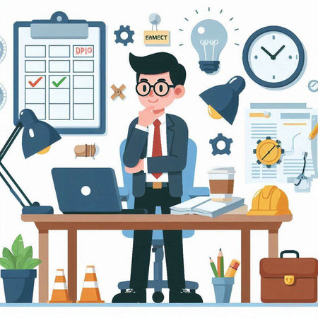 Businessman working in the office. Vector illustration in flat style.のイラスト素材