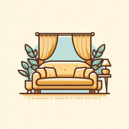 Sofa with curtains and plants. Vector illustration in linear styleのイラスト素材