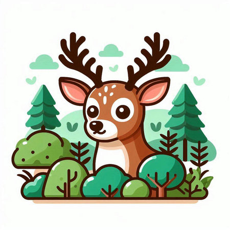 Cute cartoon deer with antlers in forest. Vector illustration.のイラスト素材