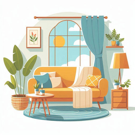 Living room interior with sofa, armchair, coffee table, plants, window and curtains. Vector illustration.のイラスト素材