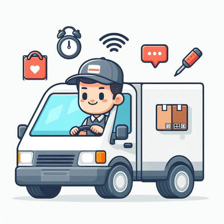 delivery man with truck and app icons, vector illustration design.のイラスト素材