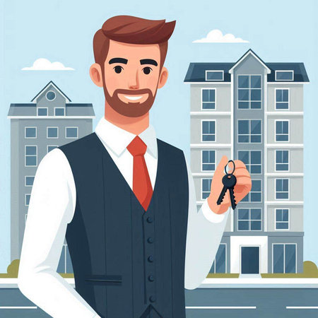 Real estate agent holding house keys. Vector illustration in cartoon style.のイラスト素材
