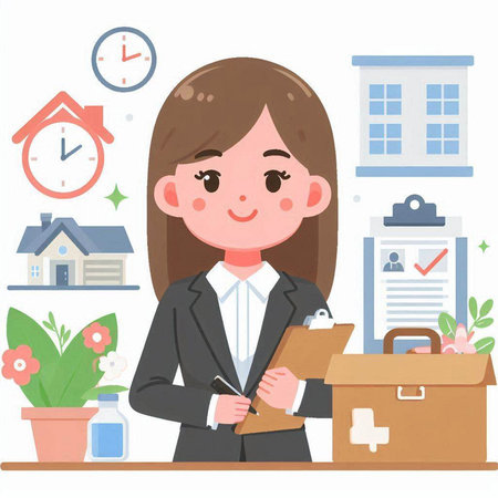 Businesswoman with a briefcase and a clipboard in the office.のイラスト素材