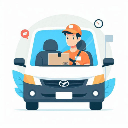 Delivery man in uniform and helmet with parcel in van flat vector illustration.のイラスト素材