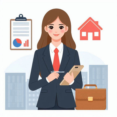Businesswoman holding a pen and writing on a clipboard. Vector illustration.のイラスト素材
