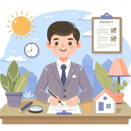 Real estate agent signing house purchase contract. Vector illustration in cartoon styleのイラスト素材
