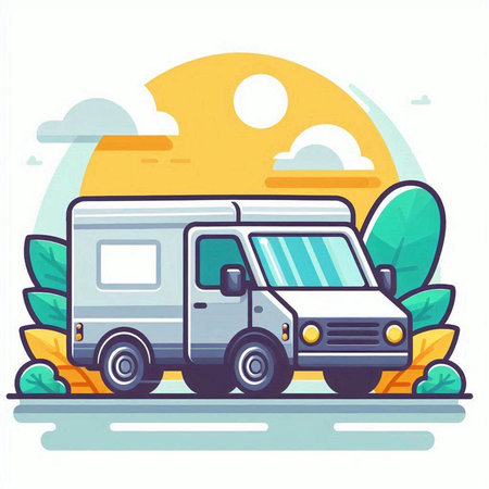 Camper car on the road. Vector illustration in flat style.のイラスト素材