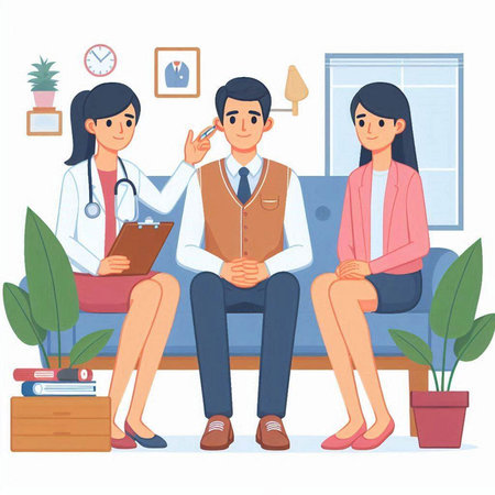 Doctor and patient sitting on sofa in office. Cartoon vector illustration.のイラスト素材